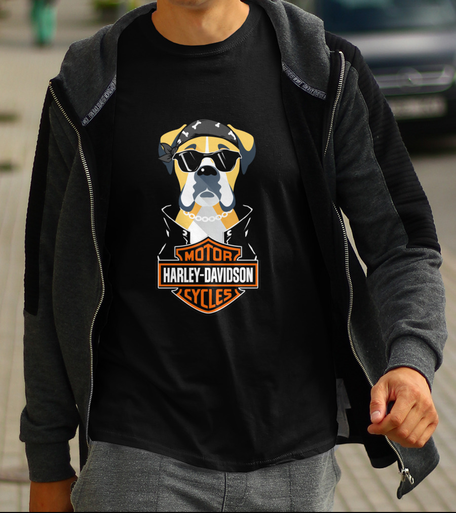 Harley Davidson Boxer Motorcycle Dog With Bandana And Sunglasses T-Shirt