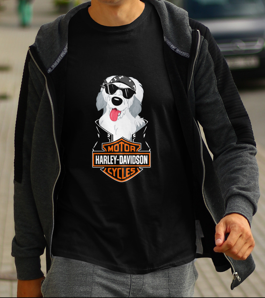 Harley Davidson Motorcycles Old English Sheepdogs Cool Biker T-Shirt