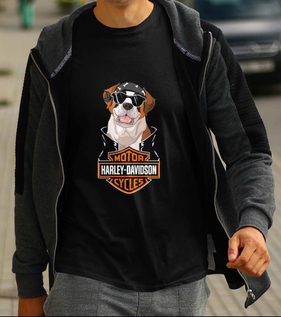 St Bernards Harley Davidson Motorcycles Logo Dog Bandana Sunglasses T-Shirt