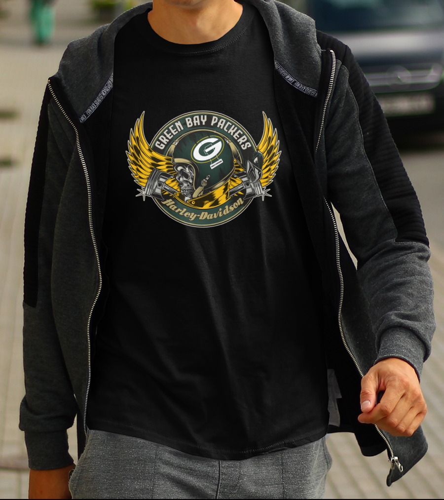 Green Bay Packers Harley Davidson Skull Helmet Wings T-Shirt