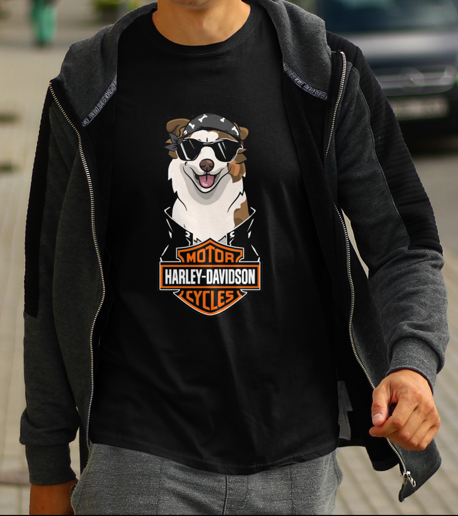 Harley Davidson Motor Cycles Australian Shepherd Biker Dog T-Shirt