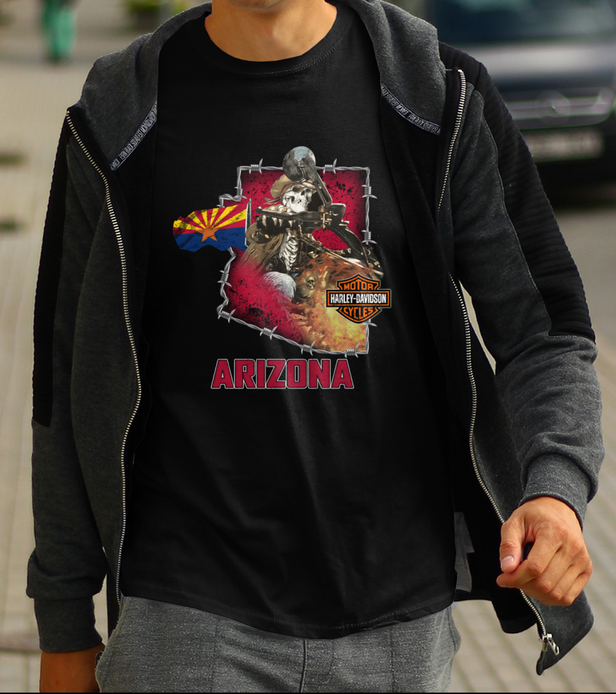 Arizona Harley Davidson Motorcycles Skeleton With State Flag T-Shirt