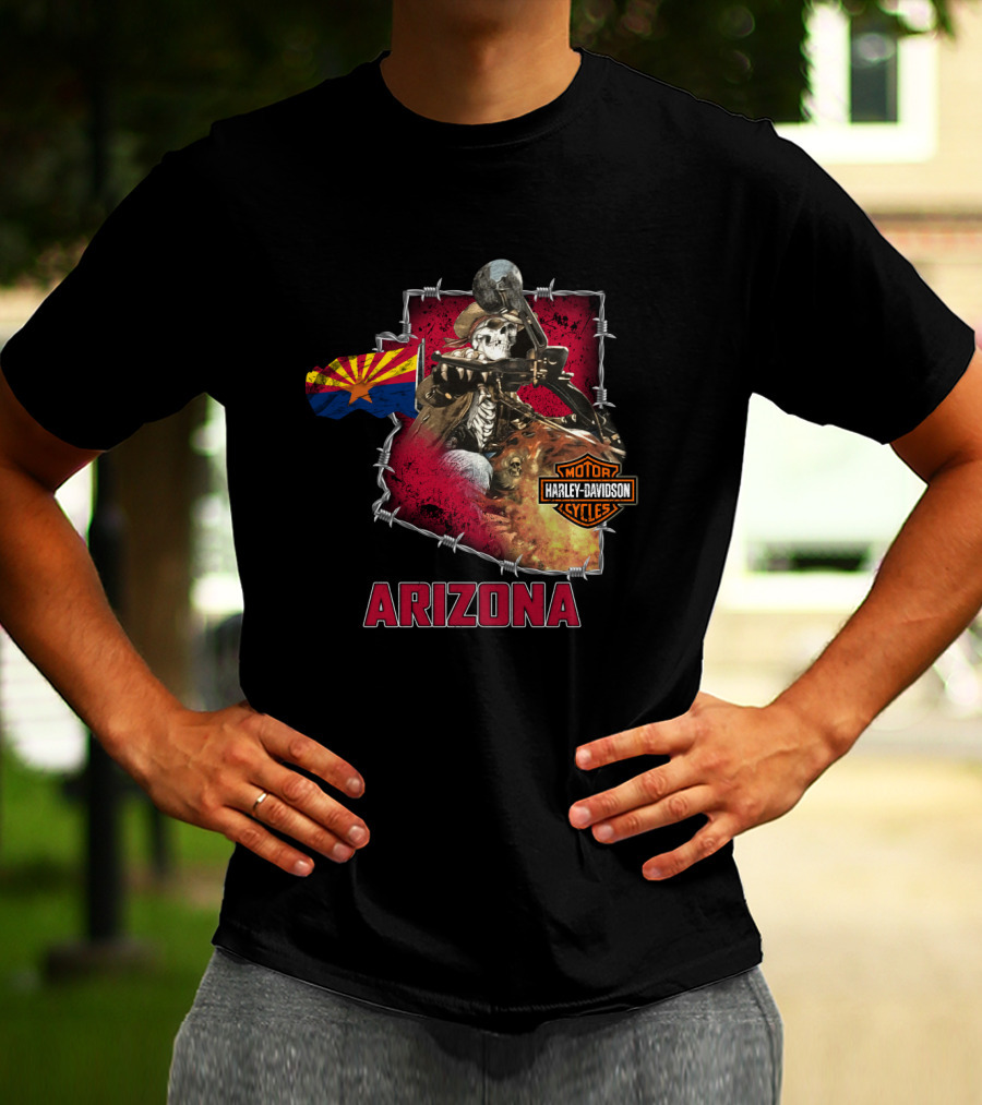 Arizona Harley Davidson Motorcycles Skeleton With State Flag T-Shirt