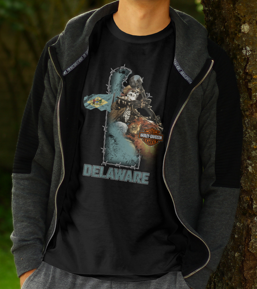 Delaware Harley Davidson Motorcycles Skeleton And Flag T-Shirt