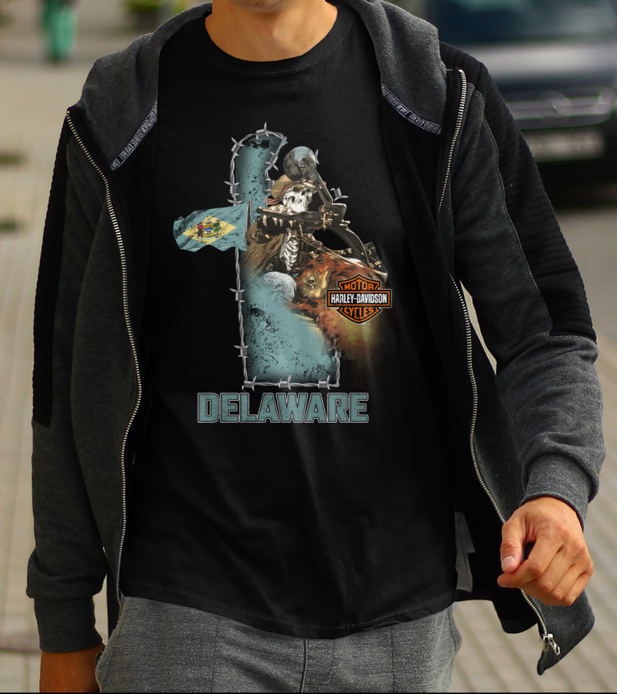 Delaware Harley Davidson Motorcycles Skeleton And Flag T-Shirt