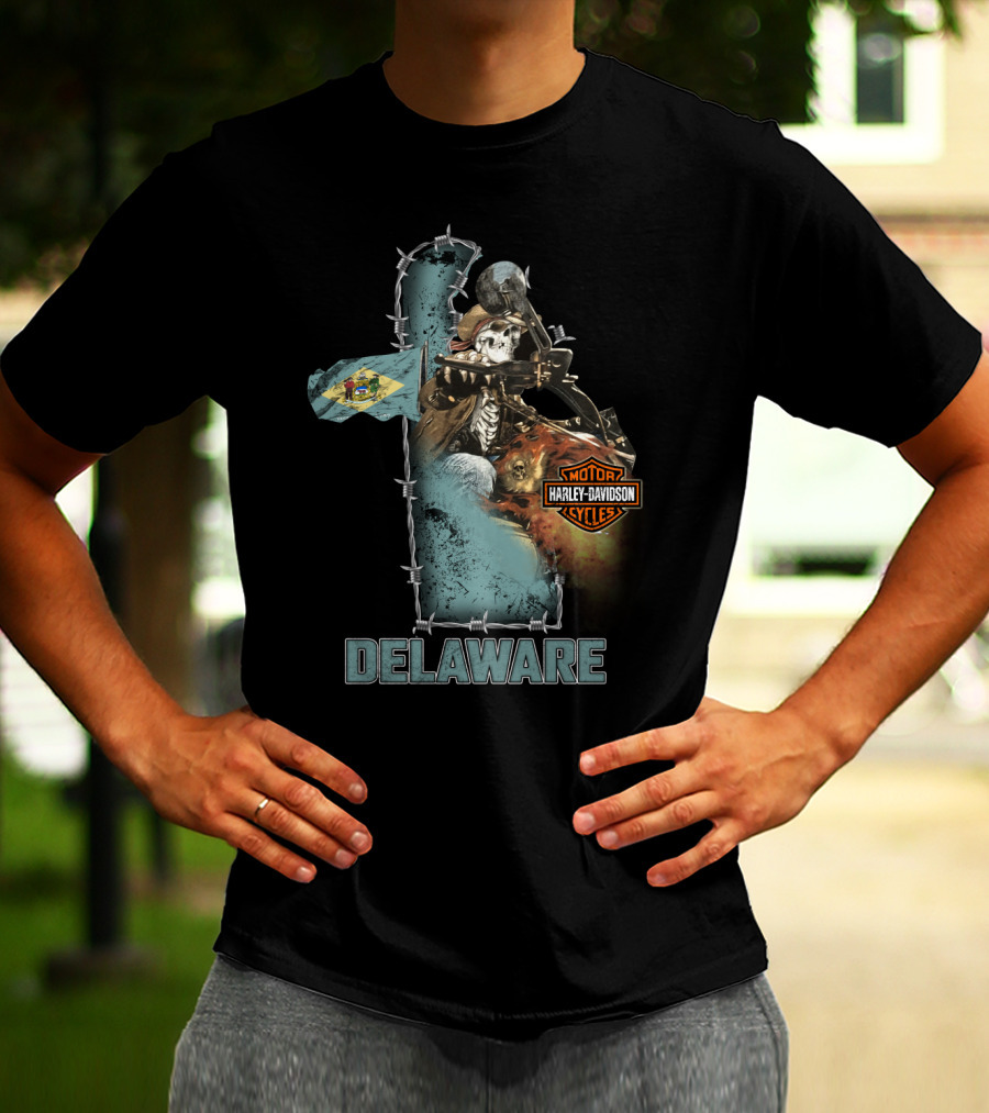 Delaware Harley Davidson Motorcycles Skeleton And Flag T-Shirt