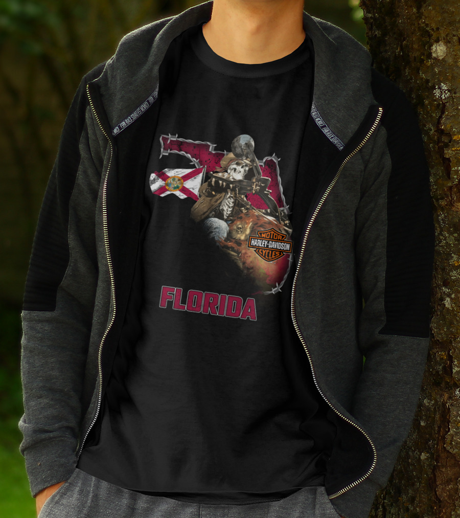 Florida Harley Davidson Skeleton Biker With State Flag T-Shirt
