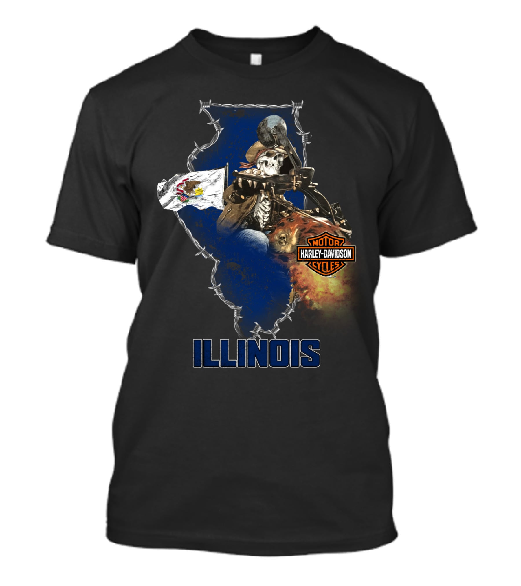 Illinois Harley Davidson Motorcycles Skeleton Rider Barbed Wire Flag T-Shirt