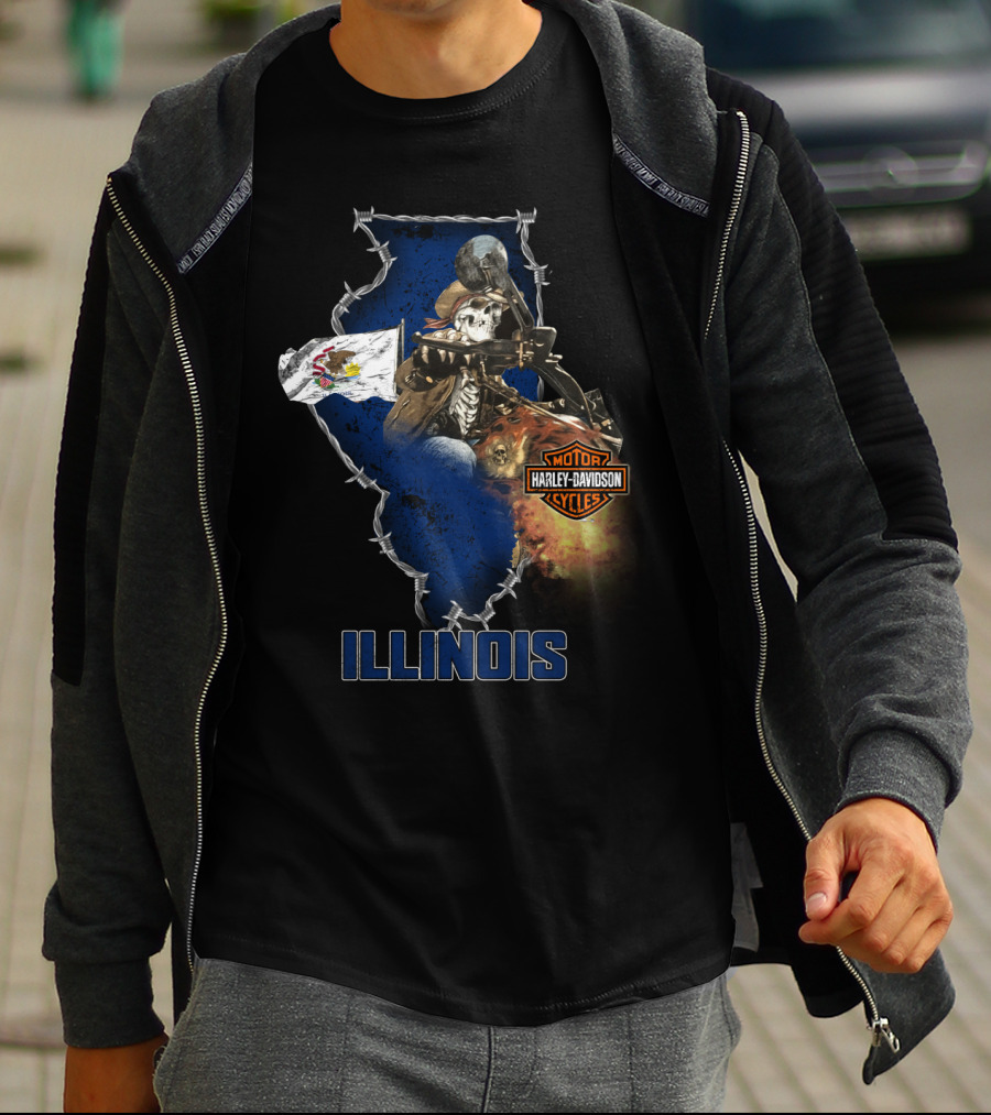 Illinois Harley Davidson Motorcycles Skeleton Rider Barbed Wire Flag T-Shirt