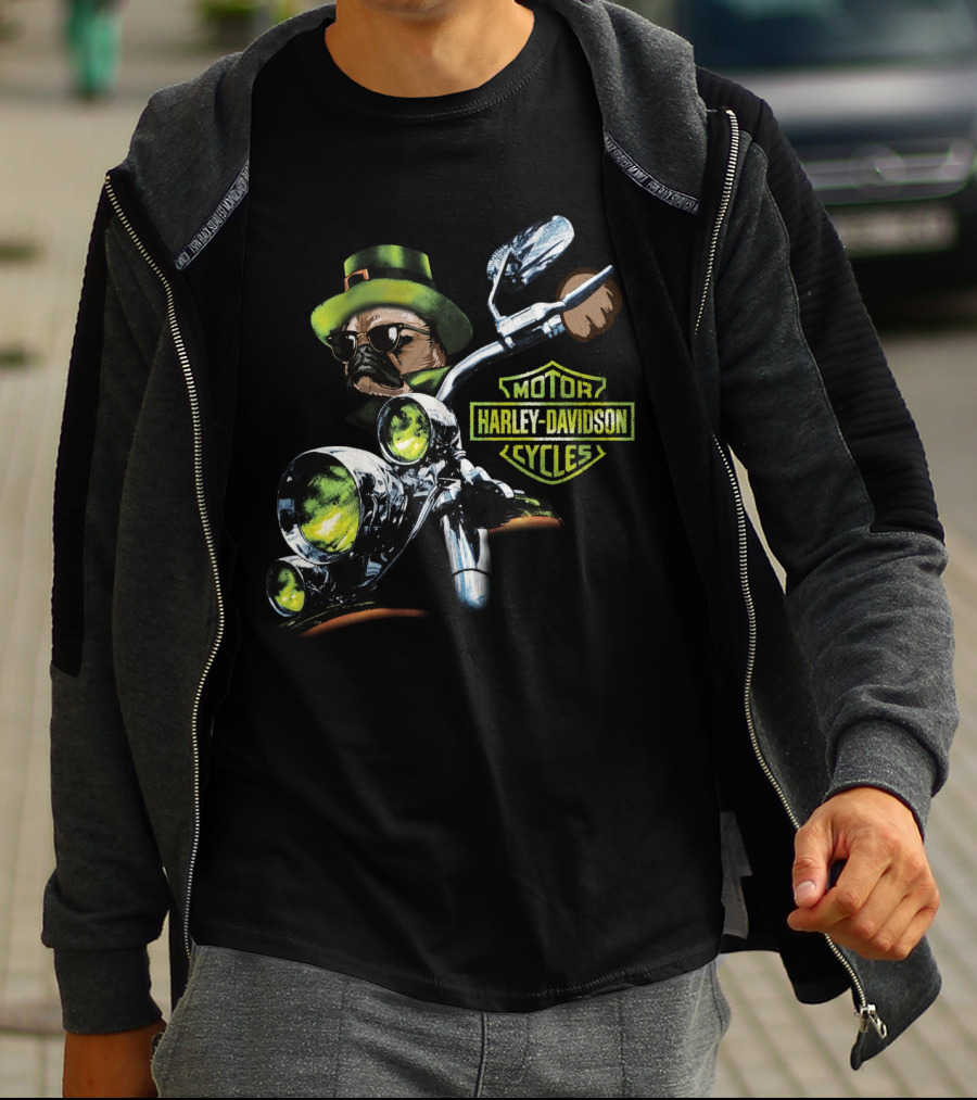 Harley Davidson Motorcycles Pug Riding St Patrick's Day T-Shirt