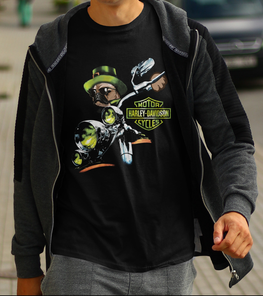 Harley Davidson Motor Cycles Pug In Green Hat Patrick Day T-Shirt