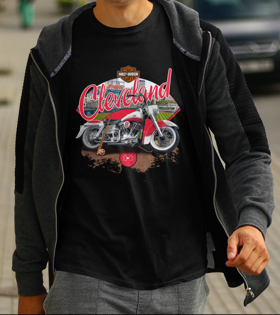 Cleveland Harley Davidson Indians Baseball Motorcycle Scene T-Shirt