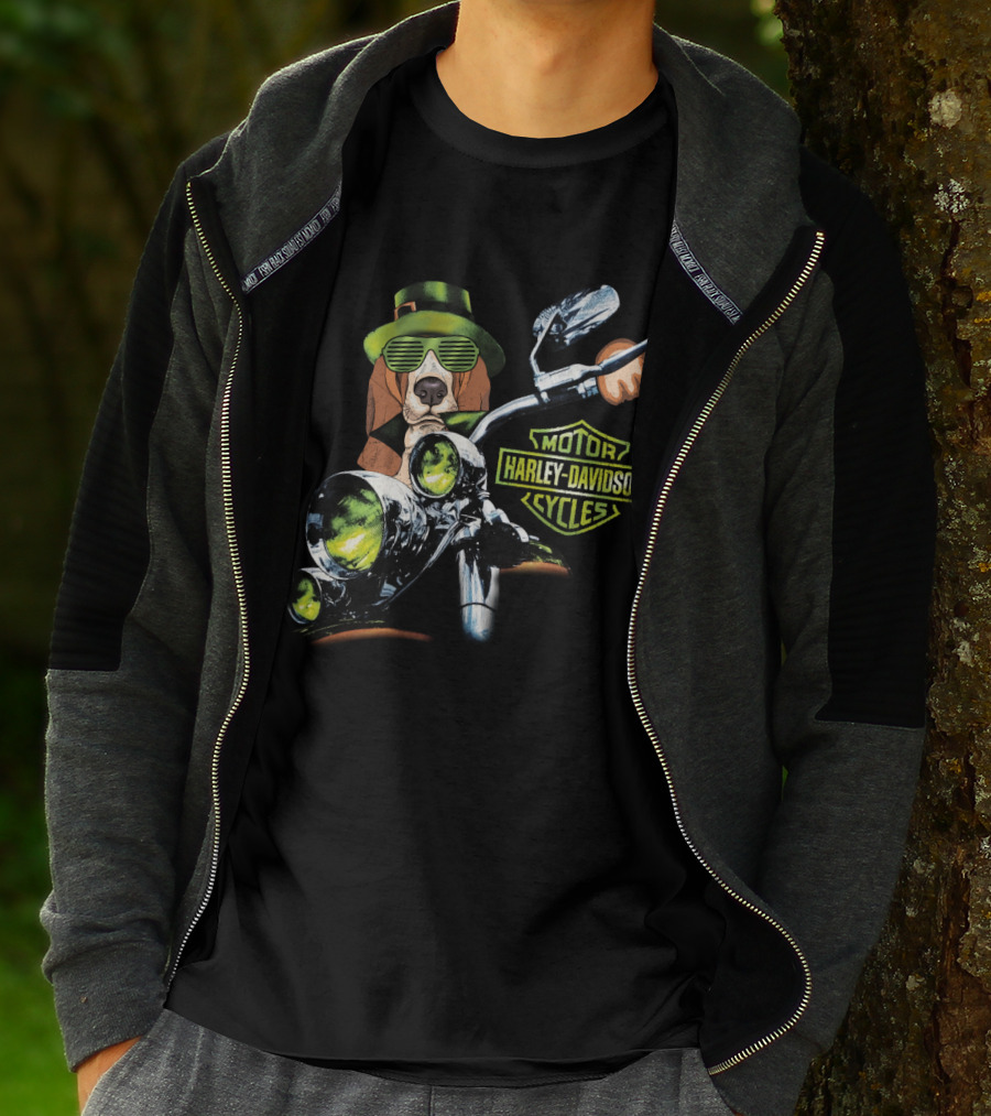 Basset Hound Harley Davidson Motorcycles Green Hat And Glasses Biker T-Shirt