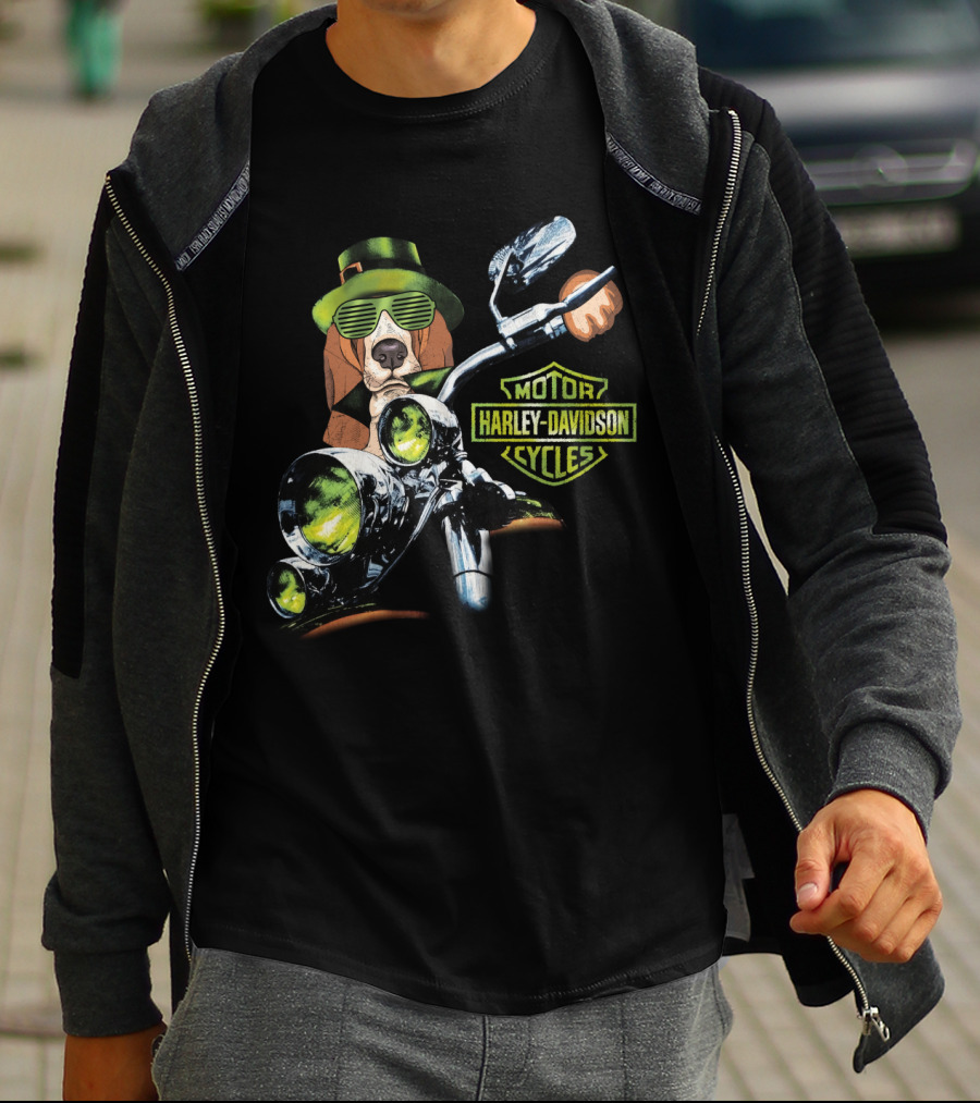 Basset Hound Harley Davidson Motorcycles Green Hat And Glasses Biker T-Shirt