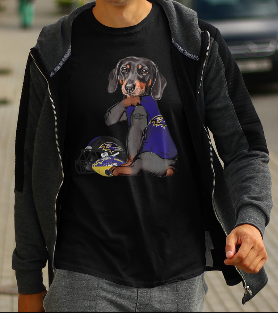 Baltimore Ravens Dachshund Wearing Team Jersey With Football Helmet T-Shirt
