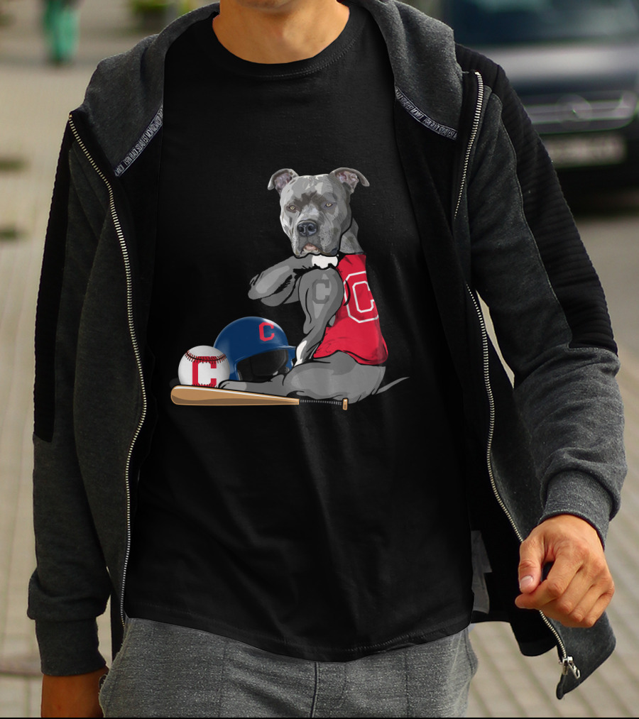 Cleveland Indians C Pit Bull Baseball Bat Helmet Sitting Baseball T-Shirt