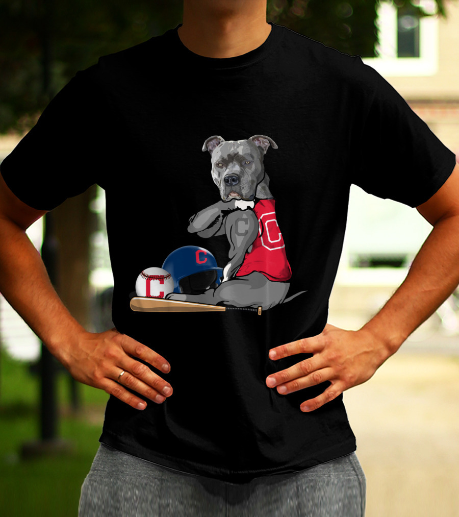 Cleveland Indians C Pit Bull Baseball Bat Helmet Sitting Baseball T-Shirt