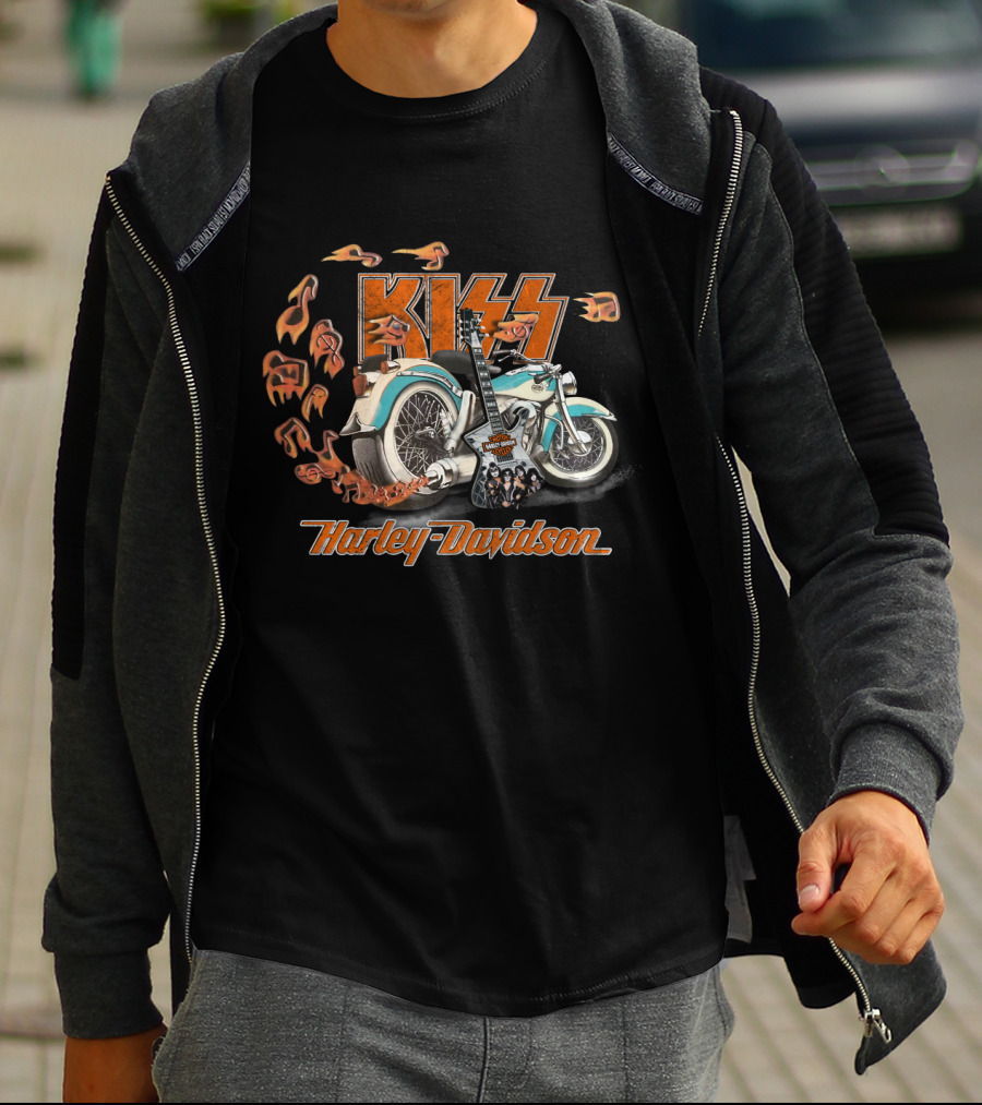 Kiss Harley Davidson Motorcycle With Flames And Guitar T-Shirt