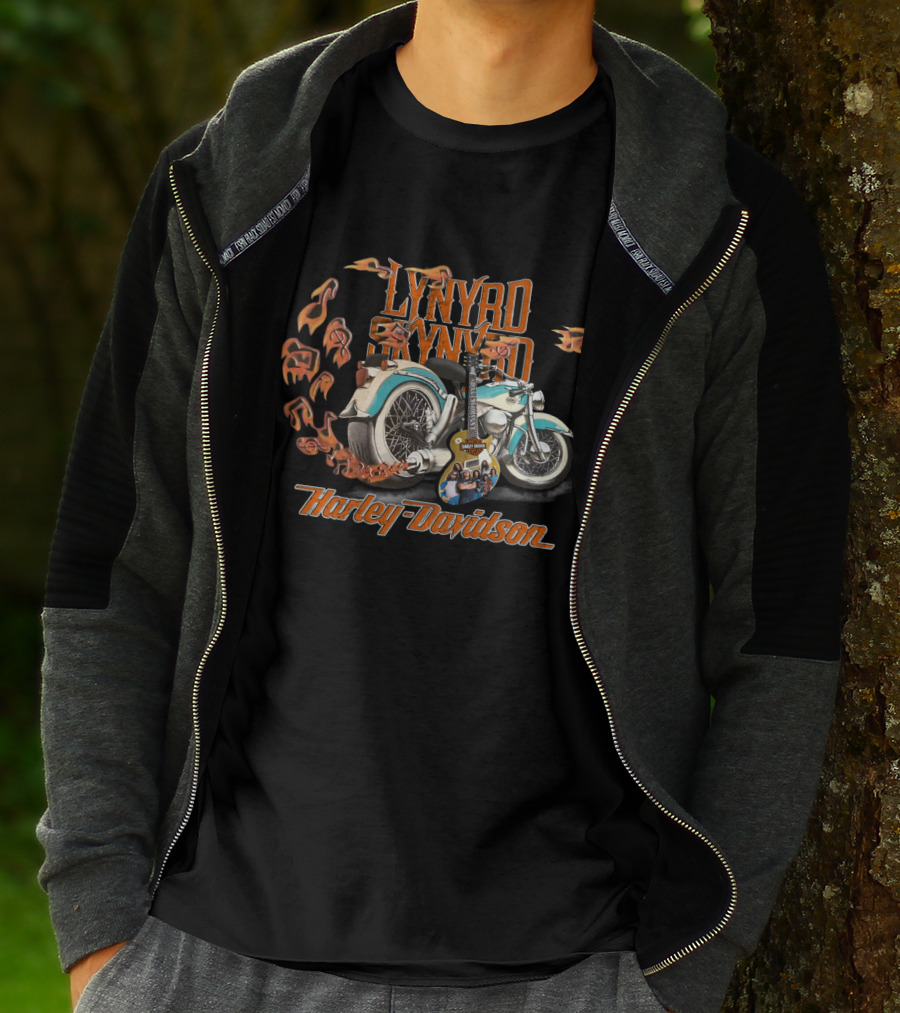 Lynyrd Skynyrd And Harley Davidson Motorcycle With Guitar And Flames T-Shirt