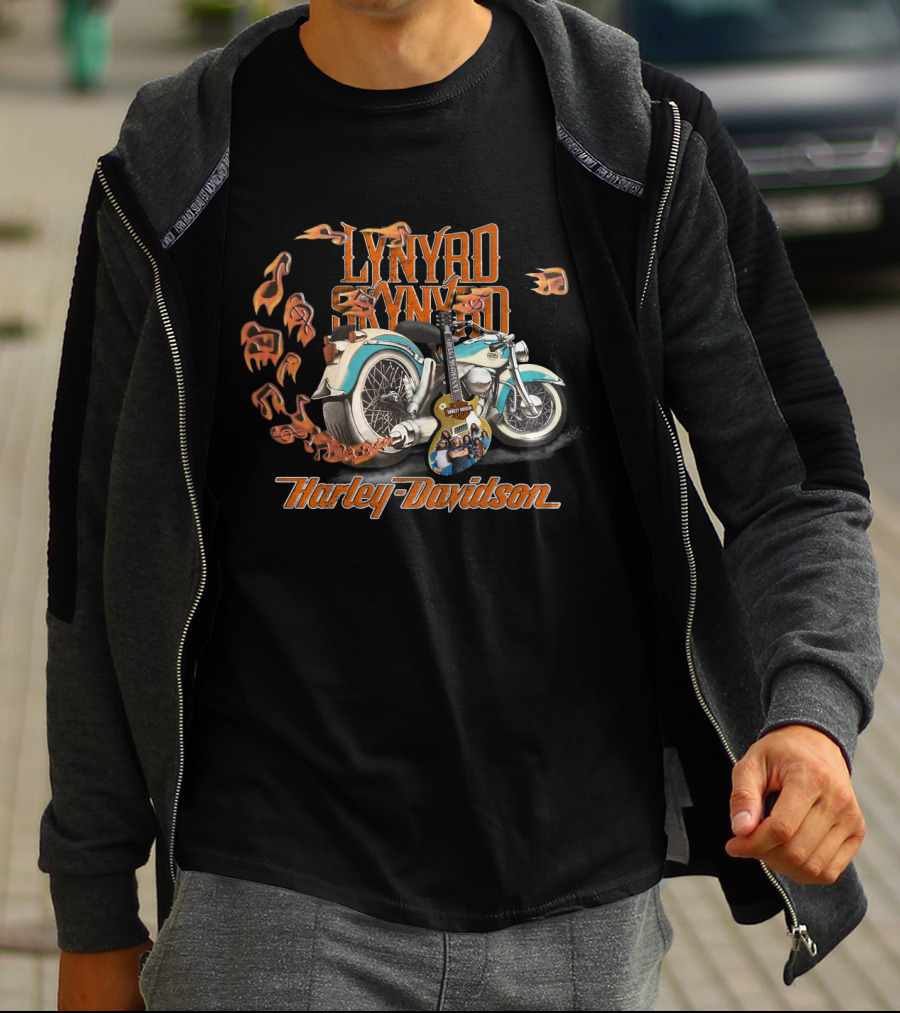 Lynyrd Skynyrd And Harley Davidson Motorcycle With Guitar And Flames T-Shirt