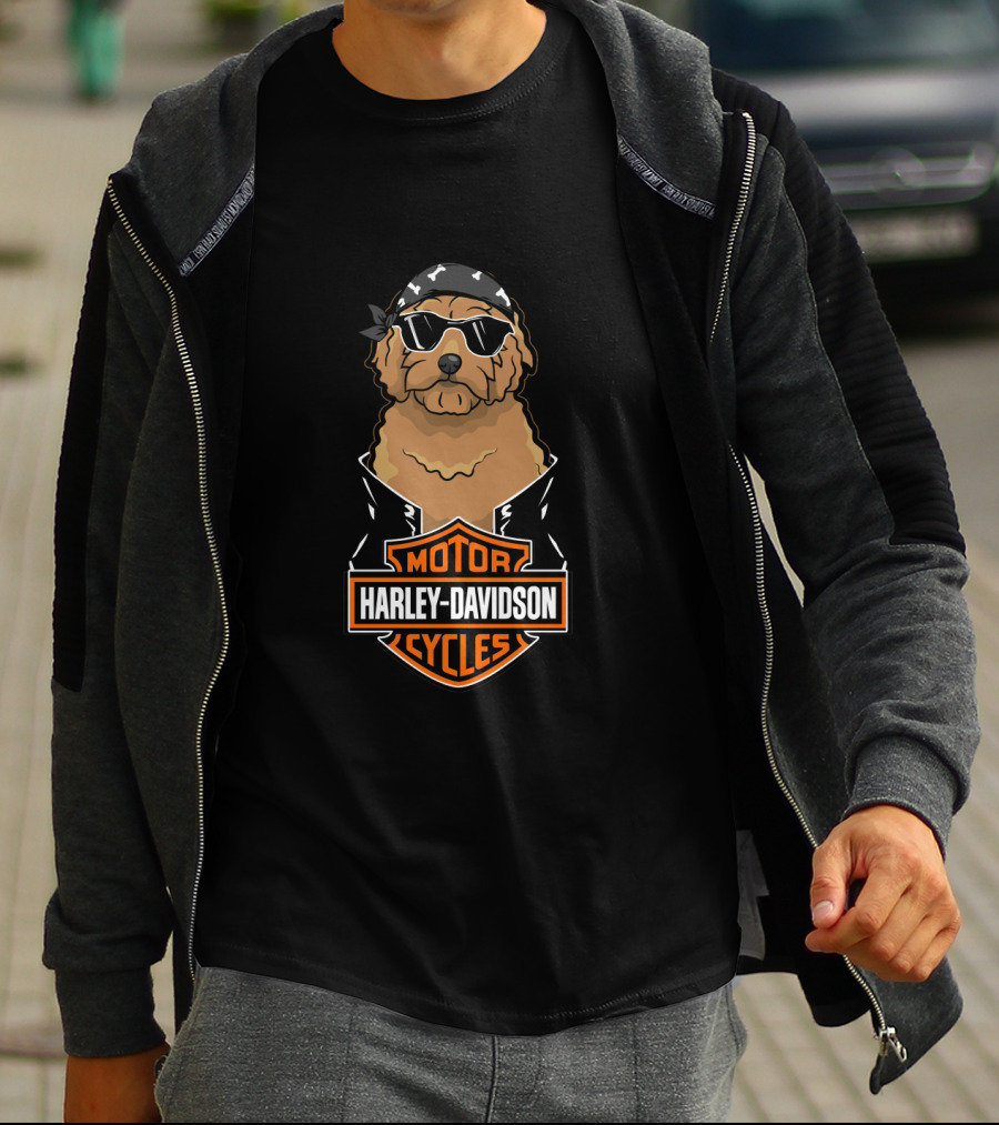Harley Davidson Motor Cycles Goldendoodle With Sunglasses And Bandana T-Shirt