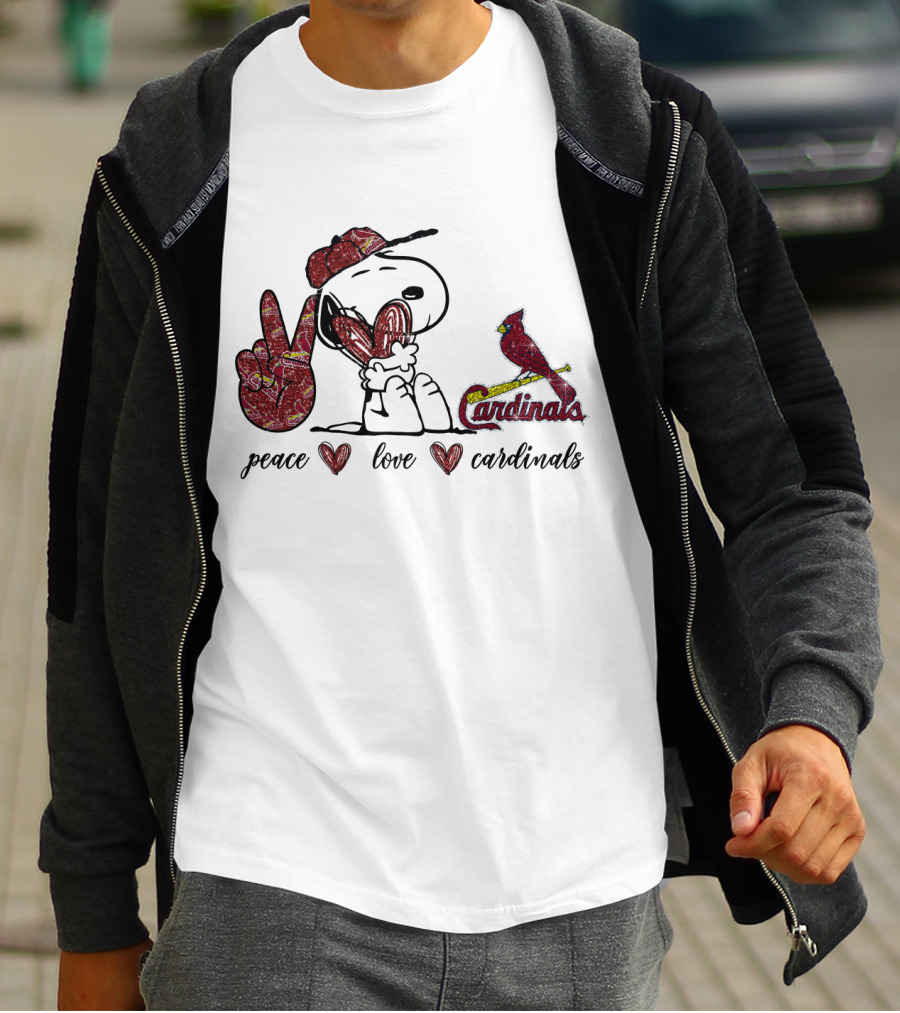 Peace Love Cardinals Snoopy Wearing Cardinals Hat T-Shirt
