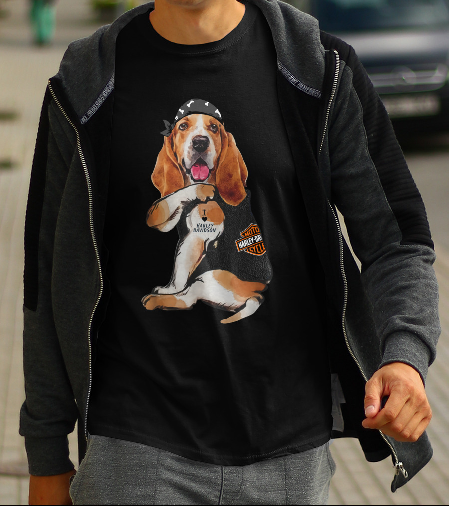 Basset Hound Harley Davidson Fan With Motorcycles Bandana T-Shirt