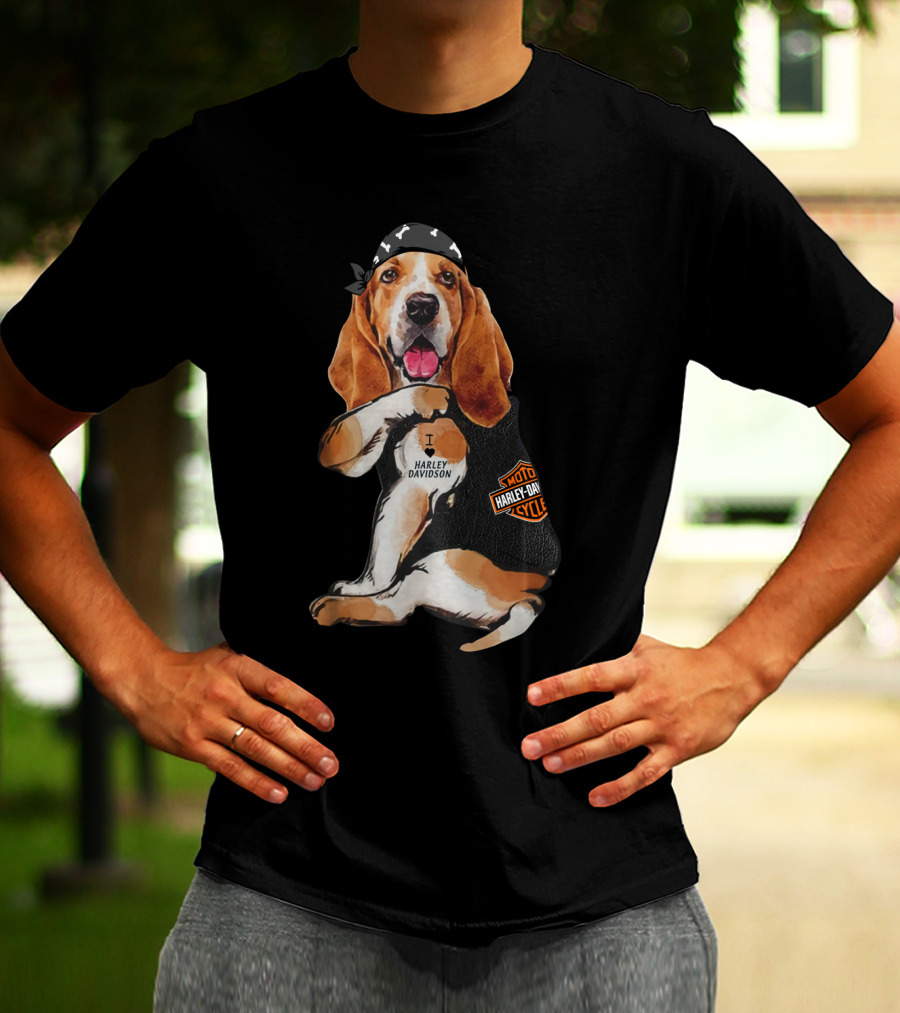 Basset Hound Harley Davidson Fan With Motorcycles Bandana T-Shirt