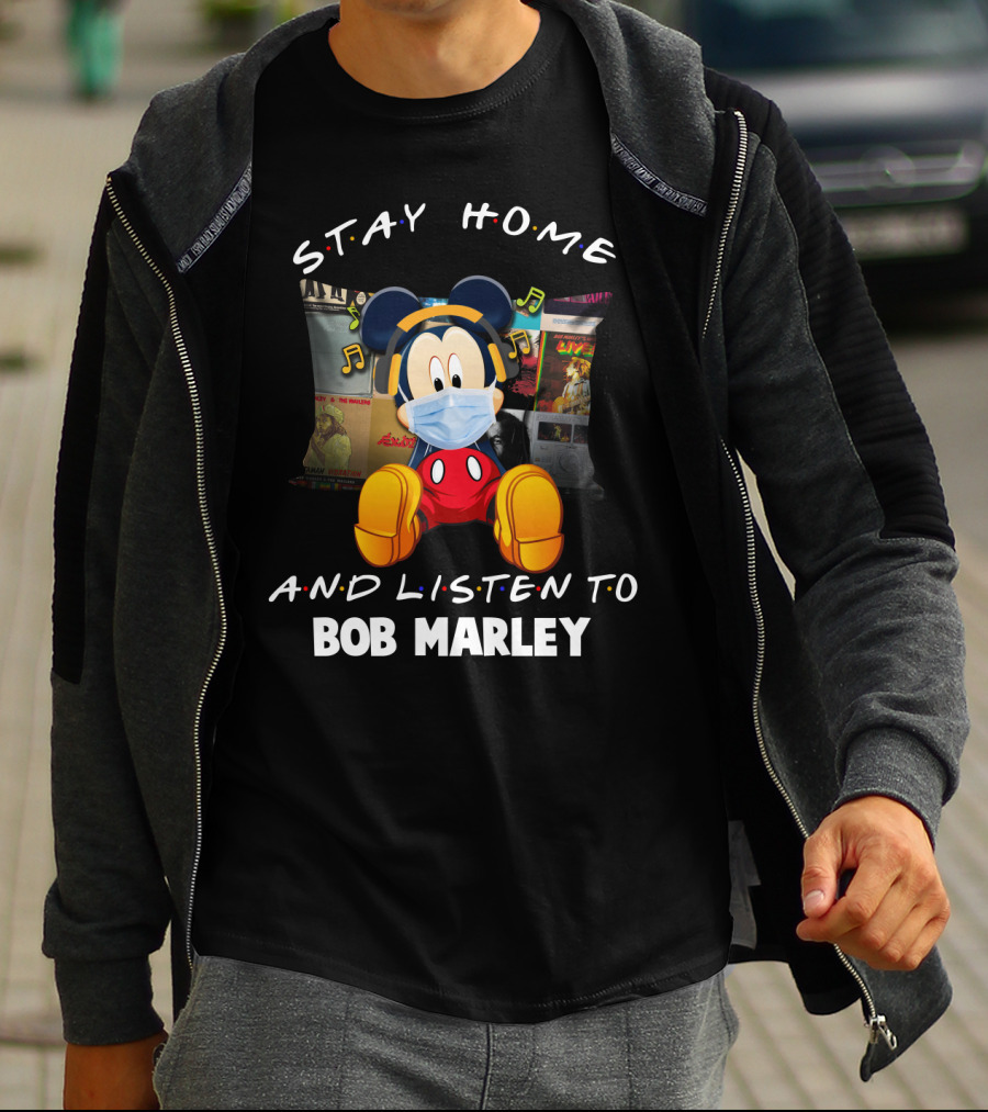 Stay Home And Listen To Bob Marley Mickey Mouse Masked Headphones T-Shirt