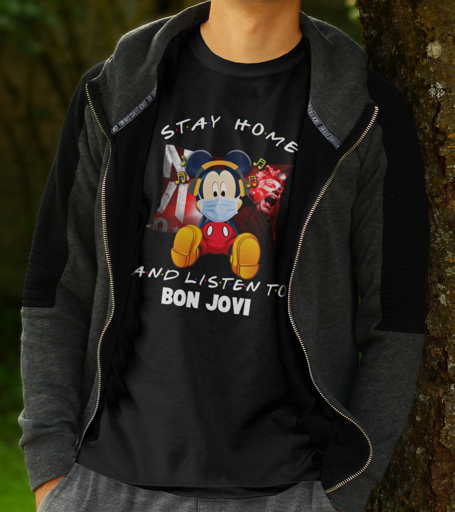Stay Home And Listen To Bon Jovi Mickey Mouse Masked Music Notes T-Shirt