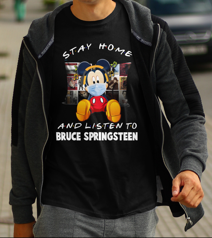 Stay Home And Listen To Bruce Springsteen Mickey Mouse Masked Headphones T-Shirt