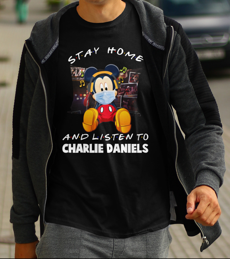 Stay Home And Listen To Charlie Daniels Mickey Mouse Mask And Headphones T-Shirt