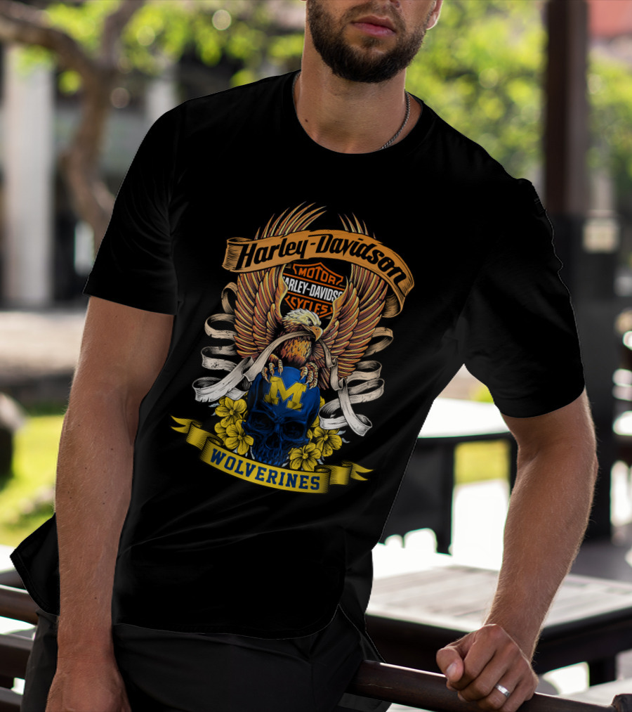 Harley Davidson Motor Cycles Wolverines 49Hd Eagle And Skull T-Shirt