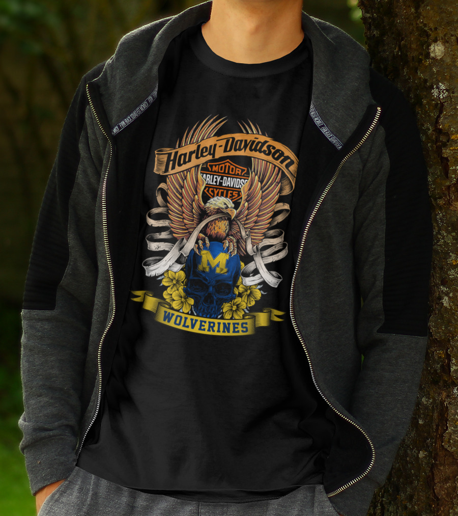 Harley Davidson Motor Cycles Wolverines 49Hd Eagle And Skull T-Shirt