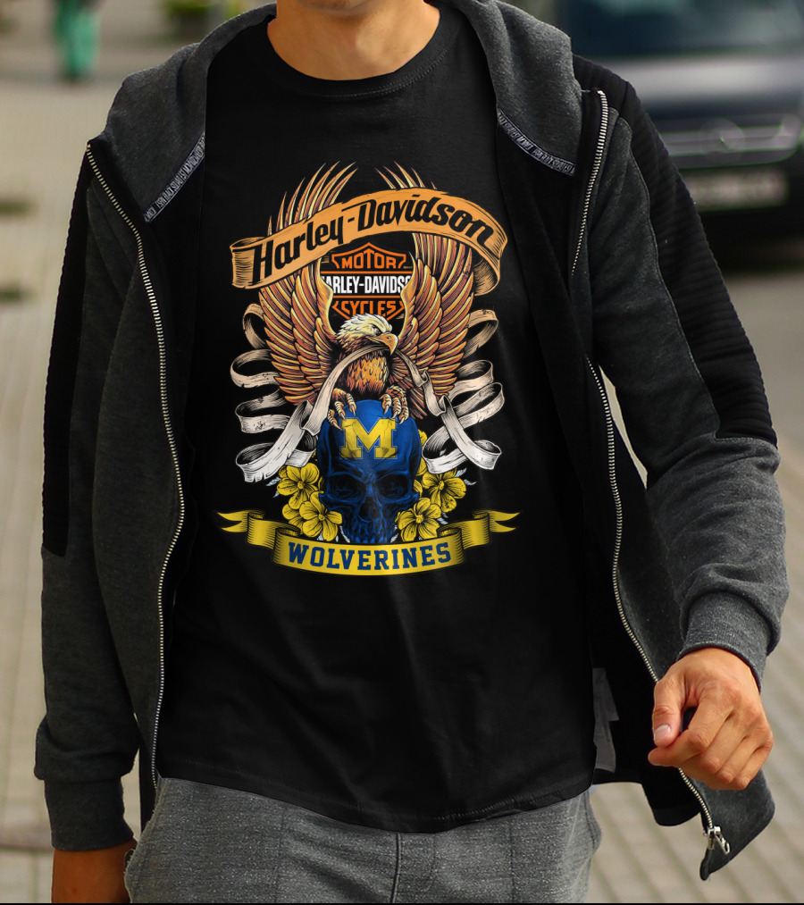 Harley Davidson Motor Cycles Wolverines 49Hd Eagle And Skull T-Shirt
