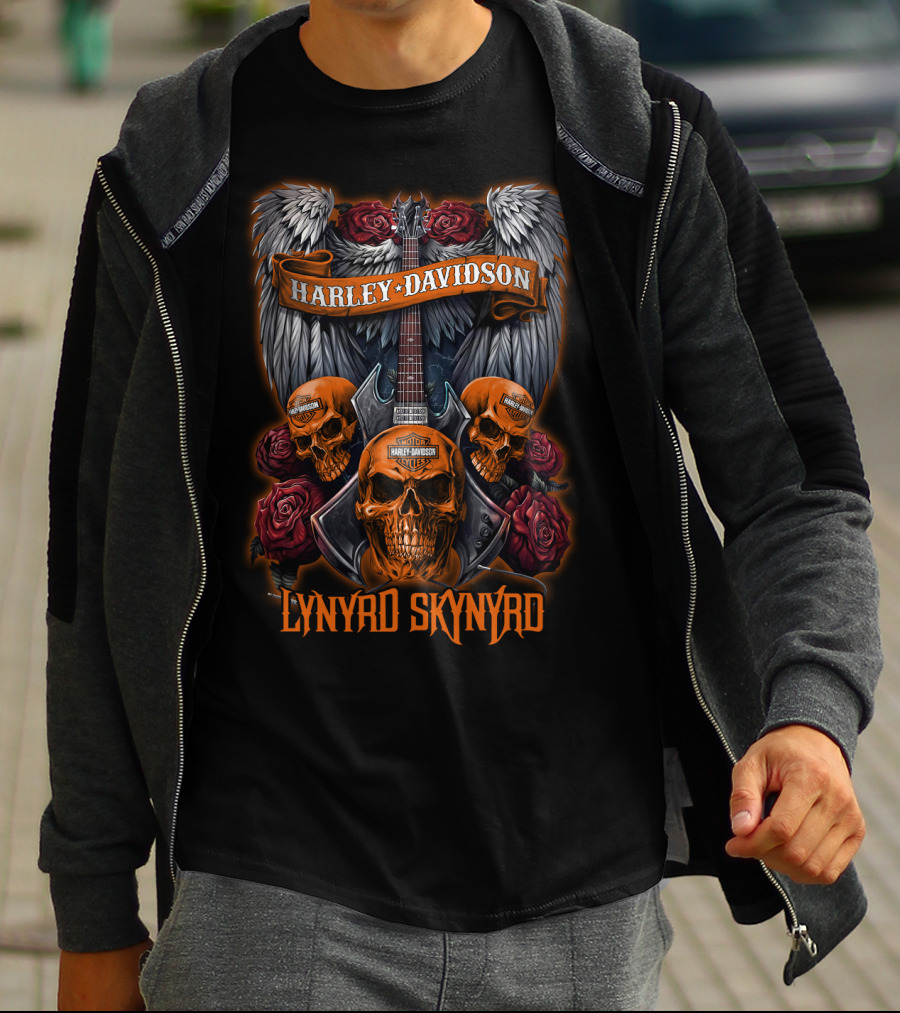 Lynyrd Skynyrd Harley Davidson Skull Guitar Wings Roses T-Shirt