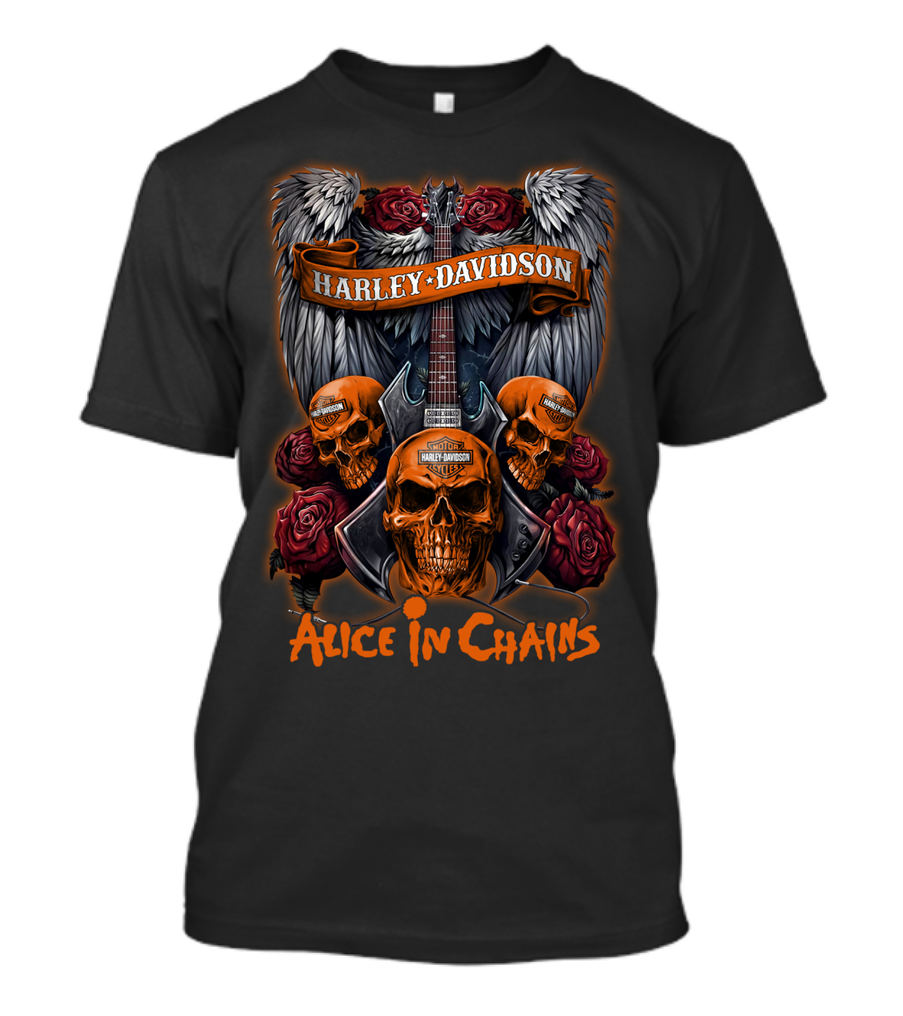 Alice In Chains Harley Davidson Skulls And Roses Guitar Wings T-Shirt
