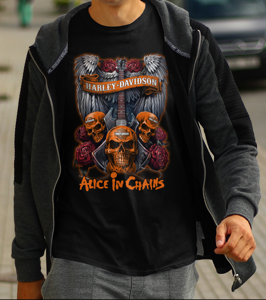 Alice In Chains Harley Davidson Skulls And Roses Guitar Wings T-Shirt