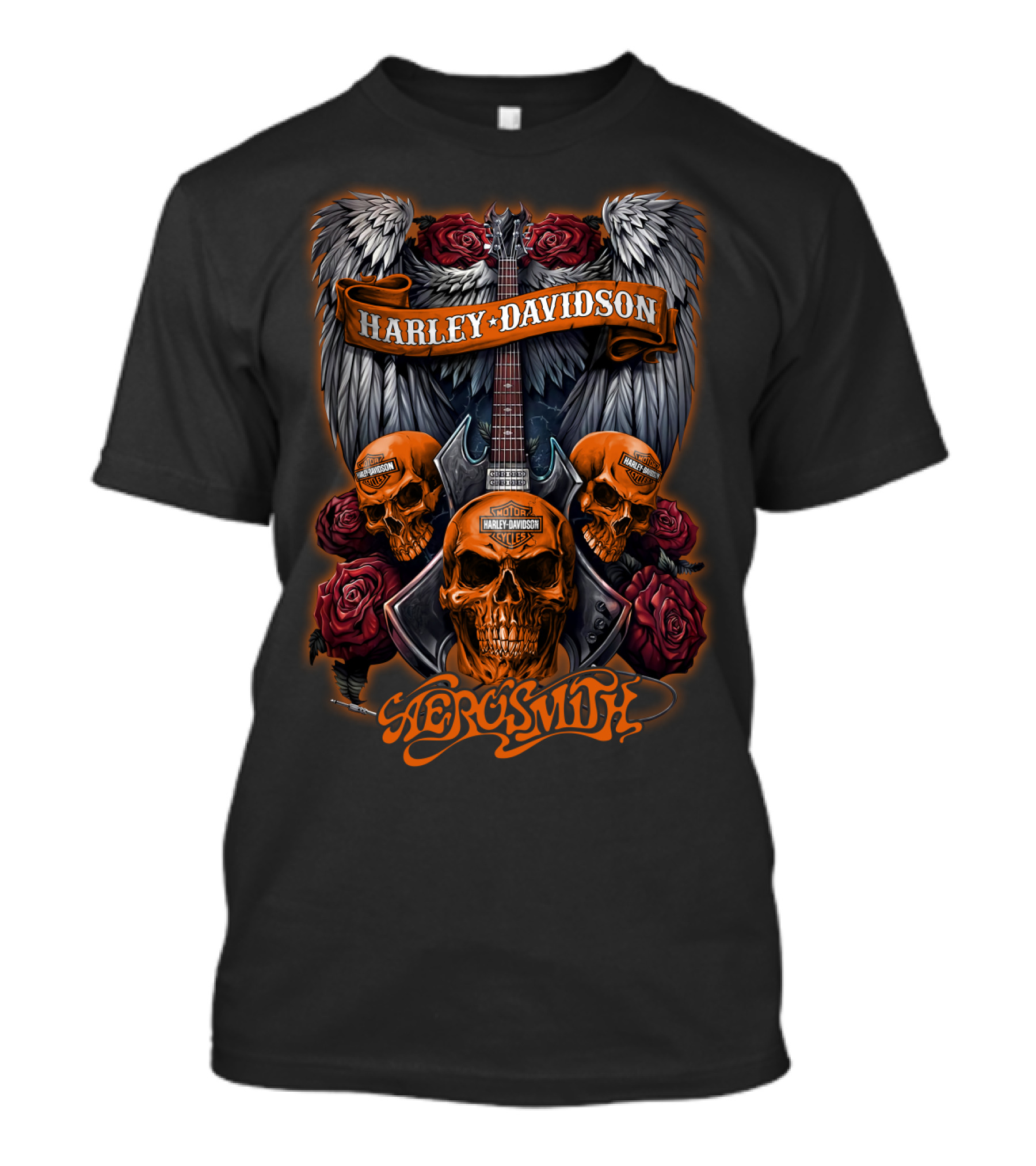 Harley Davidson Aerosmith Skulls Guitar Wings Roses T-Shirt