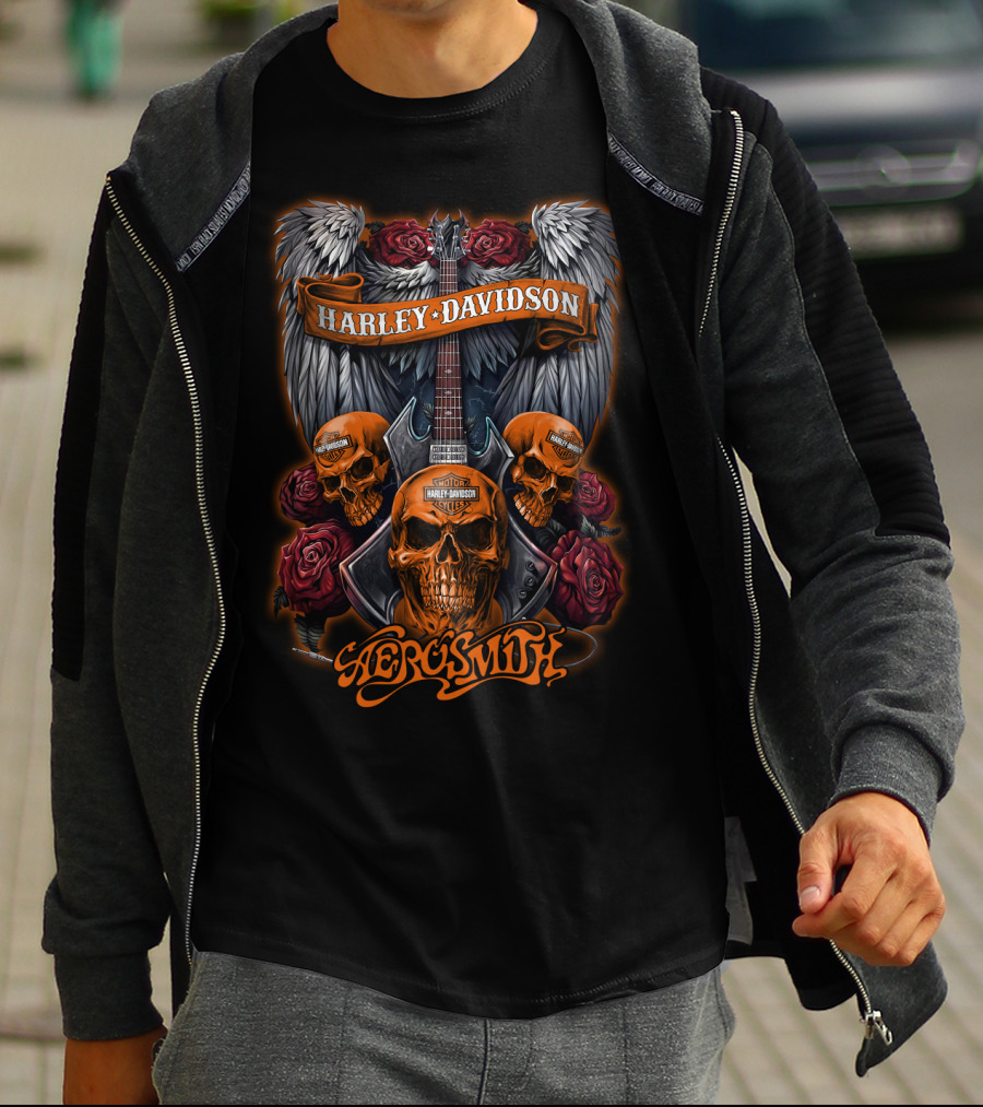 Harley Davidson Aerosmith Skulls Guitar Wings Roses T-Shirt