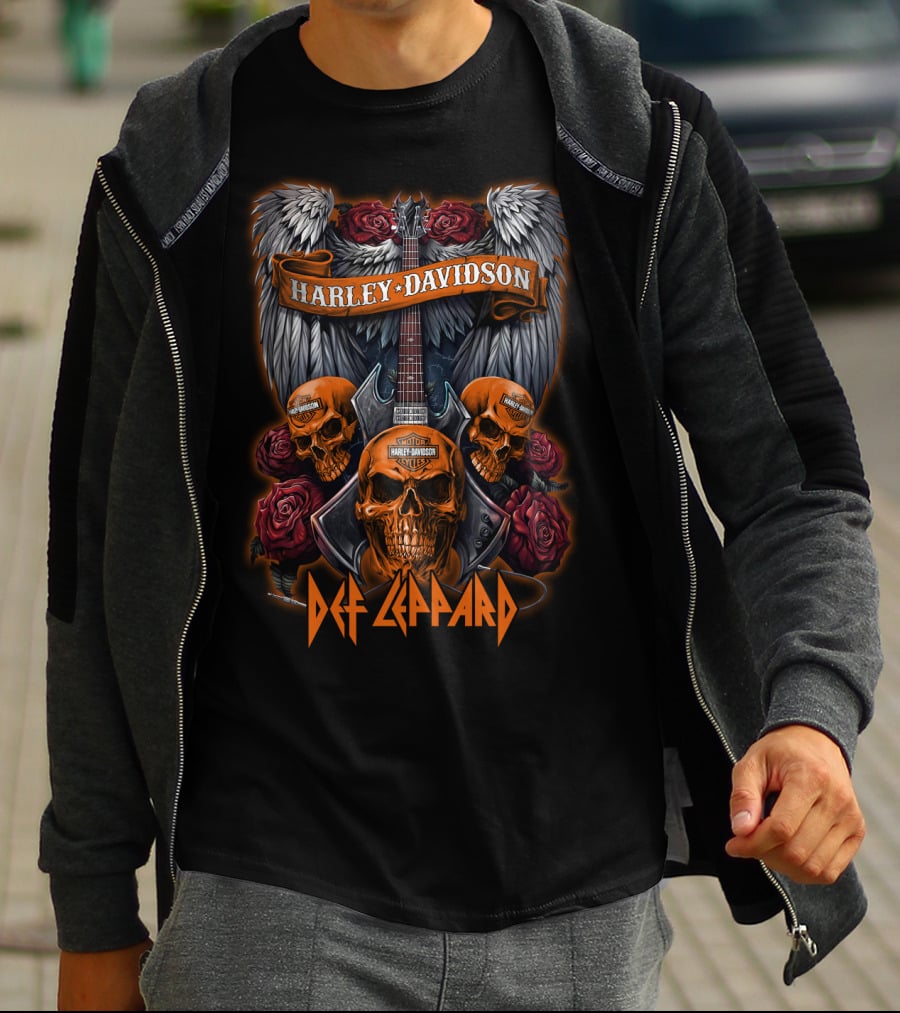 Def Leppard Harley Davidson Skull Guitar Wings Roses T-Shirt