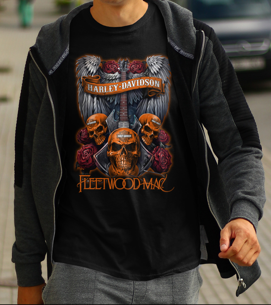 Fleetwood Mac Harley Davidson Skull Guitar Wings Roses T-Shirt