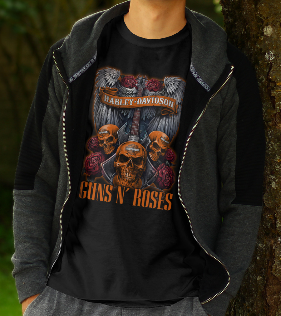 Harley Davidson Guns N' Roses Skulls Wings Roses Guitar T-Shirt