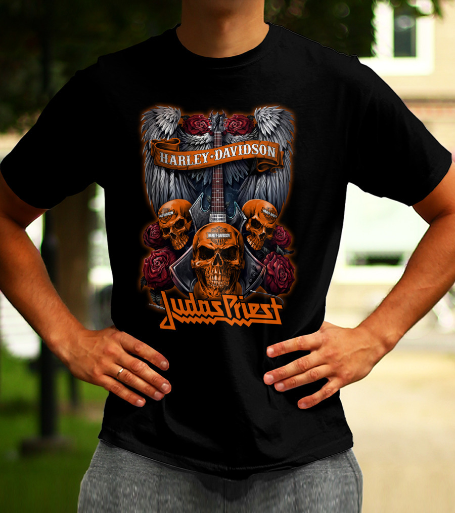 Judas Priest 47Hd Harley Davidson Skull Guitar Wings Roses T-Shirt