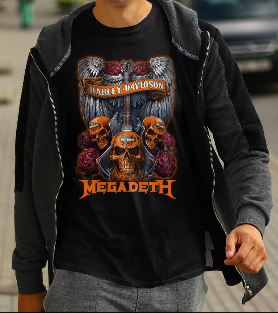 Megadeth Harley Davidson Skulls And Guitar Wings Roses T-Shirt