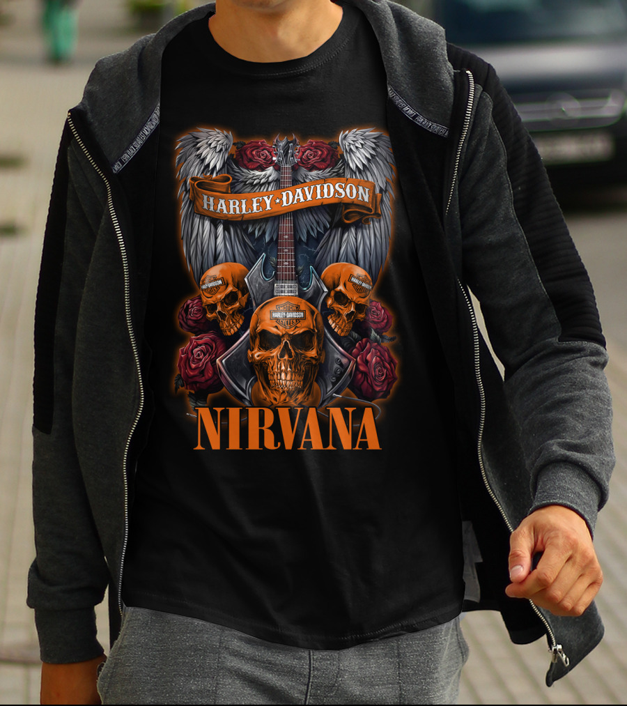 Nirvana Harley Davidson Skulls And Guitars With Wings And Roses T-Shirt