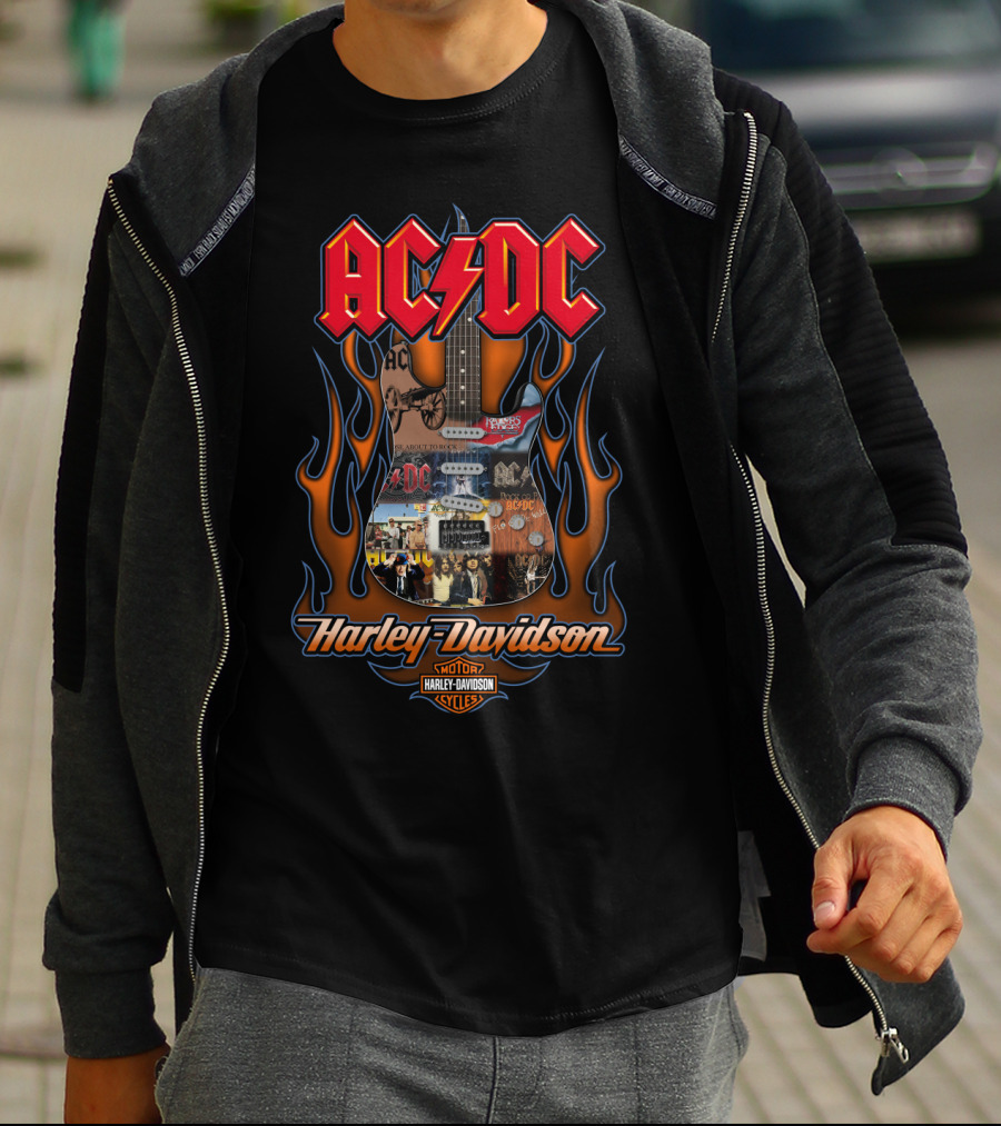 Ac/Dc Harley Davidson Guitar Flames Motor Cycles 50Hd T-Shirt
