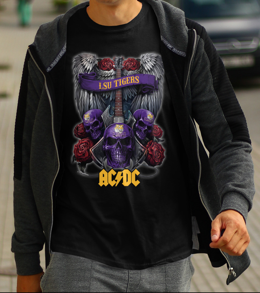 LSU Tigers ACDC Skull Guitar Wings Roses T-Shirt