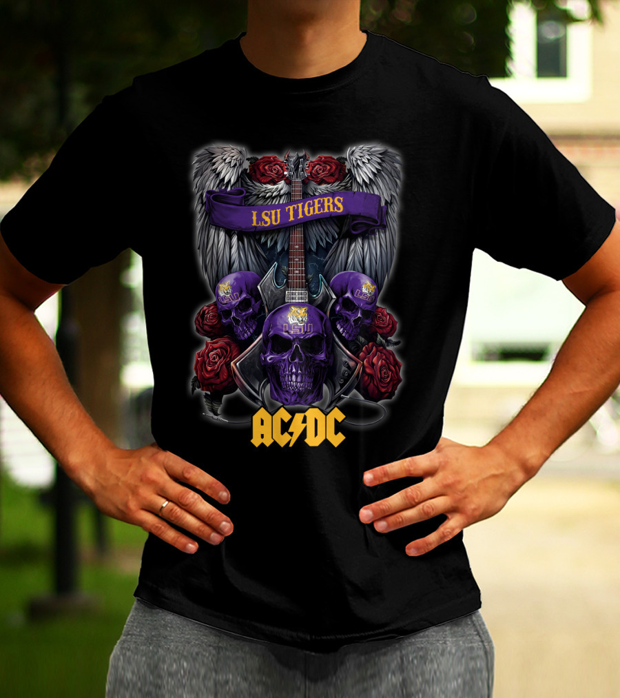 LSU Tigers ACDC Skull Guitar Wings Roses T-Shirt