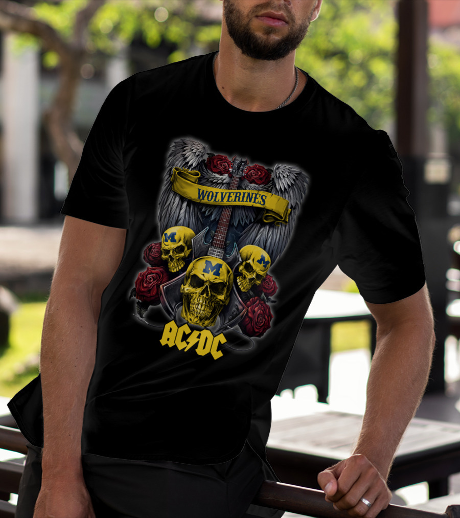 Wolverines Michigan 48 ACDC Skulls And Guitar Wings Roses T-Shirt